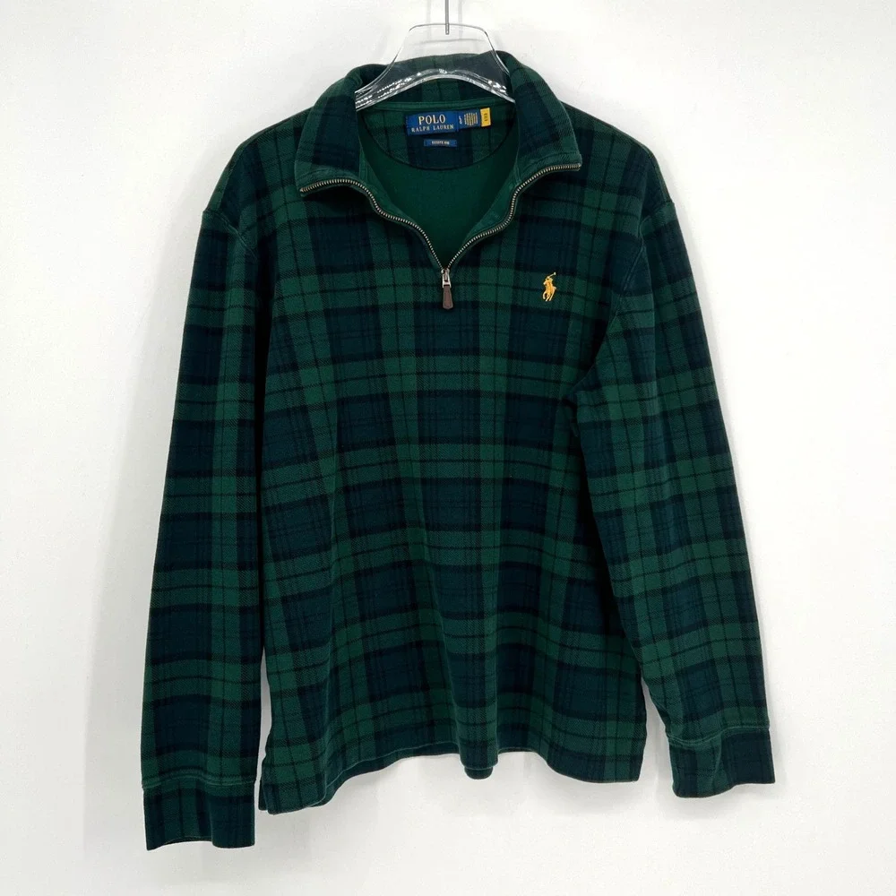 Polo Ralph Lauren Blackwatch Plaid Estate Rib Quarter Zip Sweater Mens L